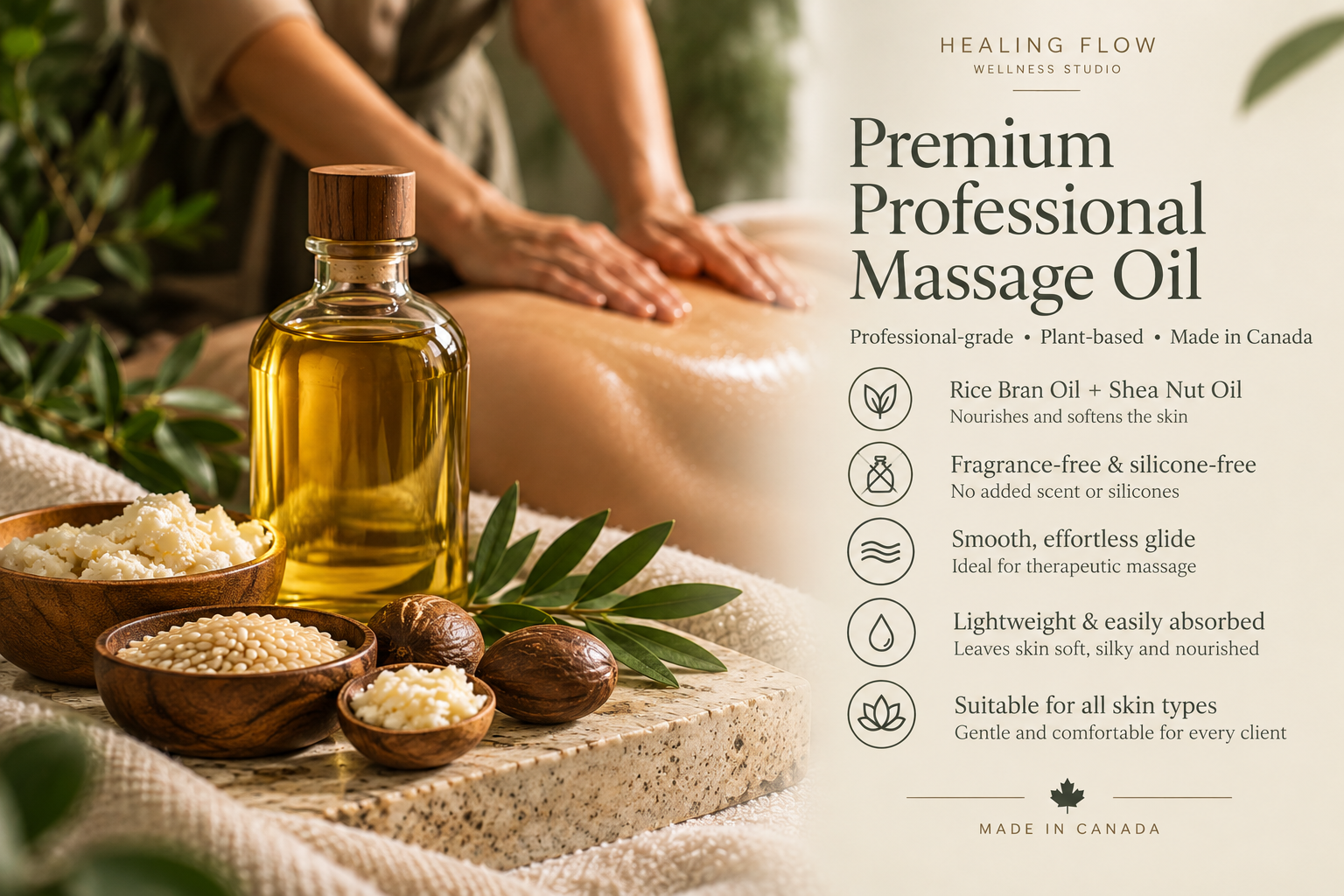 Premium professional massage oil — plant-based, fragrance-free and silicone-free, made in Canada.