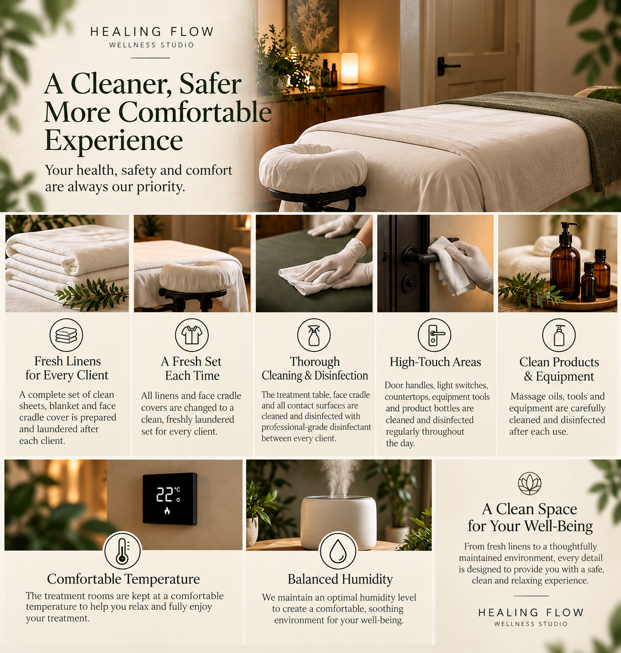 A cleaner, safer, more comfortable experience — fresh linens for every client, thorough cleaning and disinfection, comfortable temperature and balanced humidity.